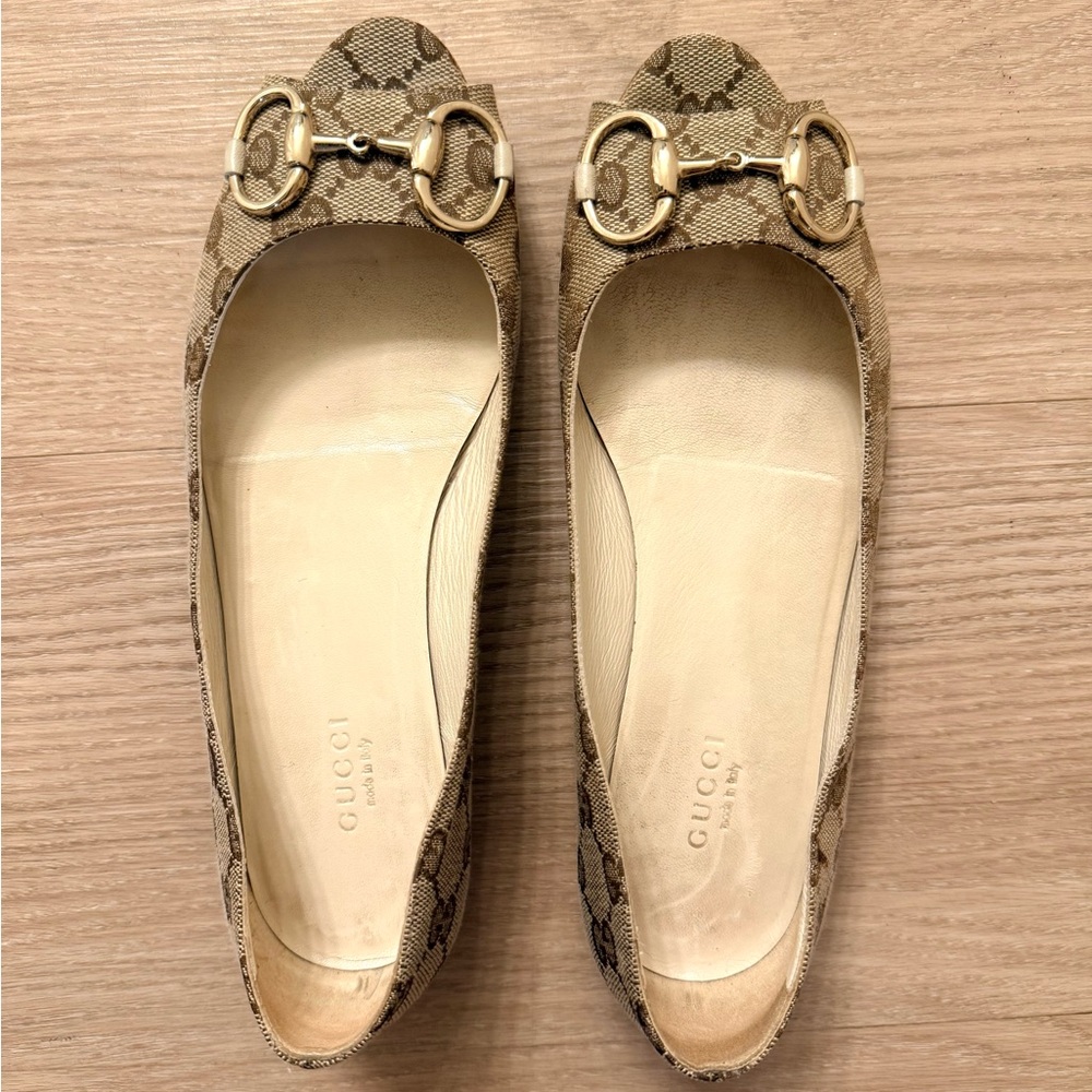 Gucci Monogram Canvas Horsebit Peep Toe Flats
